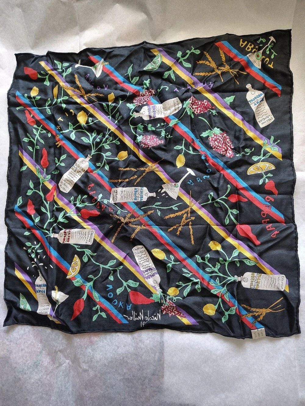 VTG 1991 Nicole Miller x Absolut Vodka Silk Square Scarf 16 x 16 Martini Novelty